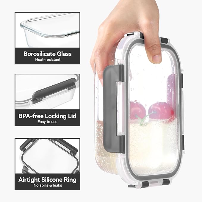 BAYZZ 10 Pack 22 oz Glass Meal Prep Containers, Glass Food Storage Containers with Airtight Lids, BPA-Free, Freezer and Microwave Safe