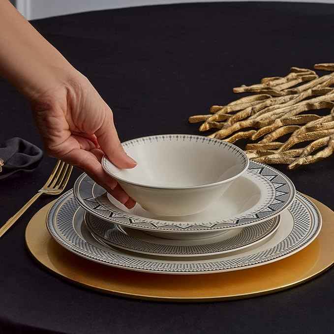 Karaca Globe 24-Piece Dinnerware Set for 6 People - Kitchen Dish Set for Salad, Soup, Pasta, Noodle & More - Modern Chic Porcelain Dishware Plate Set (White with Black Triangle Design)