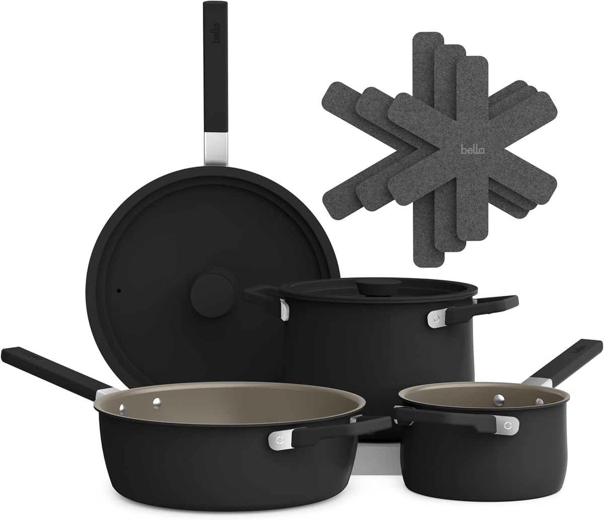 bella 9 Piece Ceramic Nonstick Cookware Set, Fits-anywhere™ Kitchenware w EverGood™ Coating, Dishwasher & Oven Safe, All Stovetops Compatible, Stackable Design, Cool Touch Handles, Black