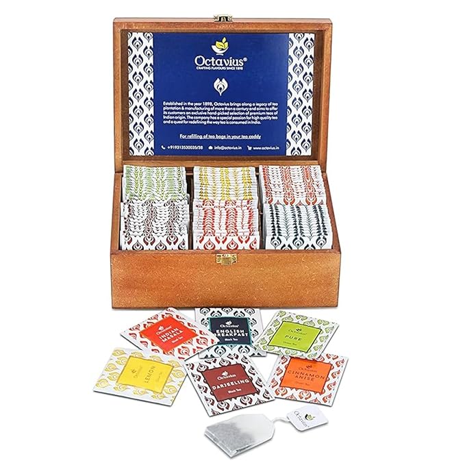 Octavius Gift's Select - Assorted Tea in Multi Design Printed Wooden Box | 6 Flavors, 90 Tea Bags | Black & Green Tea | Tea Gifts for Women & Men | Tea Variety Pack