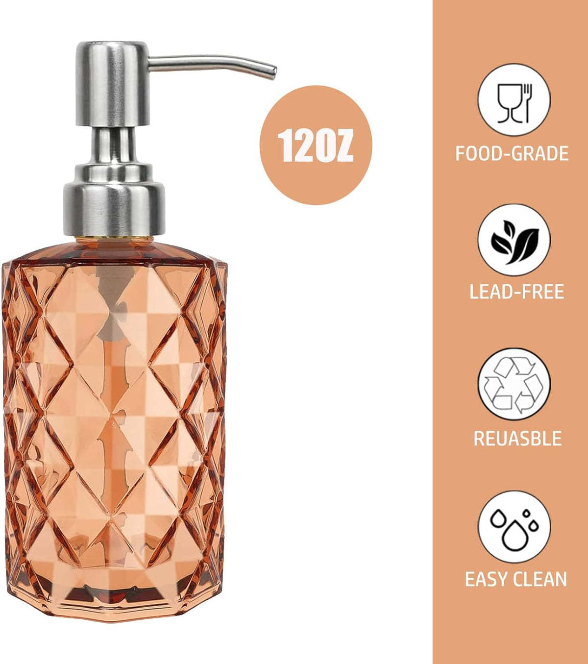 12Oz Amber Glass Soap Dispenser with Stainless Steel Pump, Refillable Kitchen Liquid Hand Soap Dispenser with Diamond Design, for Dispense Hand soap, Dish Soap, Lotion, Bathroom, Countertop, Hotel