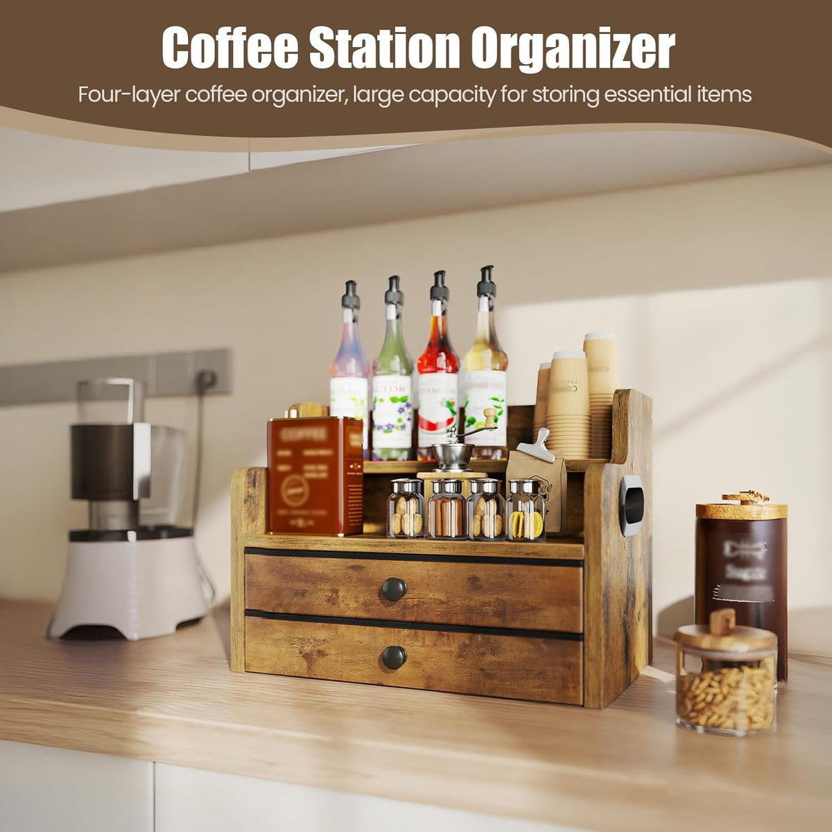 Wood Coffee Syrup Rack Organizer, 4 Tier Coffee Station Organizer with Drawers, Liquor Bottle Display Shelf for Coffee Bar Countertop