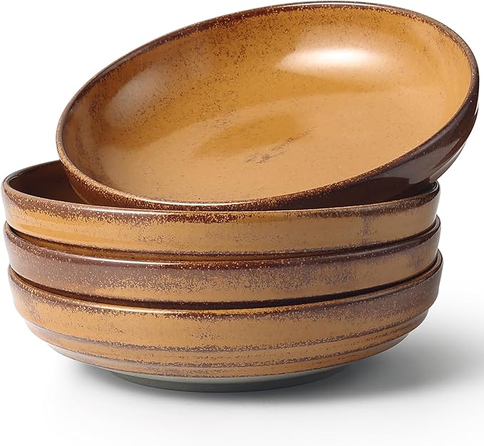 HAPPY KIT 9'' Pasta Bowls, 42oz Pasta Bowls Set of 4, Large Salad Bowl, Ceramic Serving Bowls,Double Reactive Glaze, Ideal for Housewarming, Festivals, Microwave Safe (Ocher)