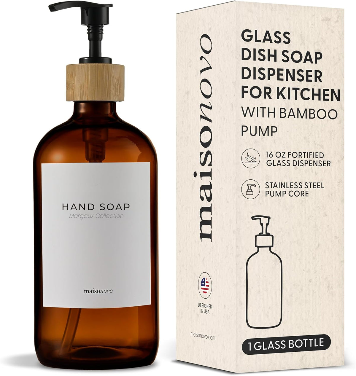 MaisoNovo Glass Hand Soap Dispenser | Dish Soap Dispenser for Kitchen | 16.9oz Amber Bottles with Black Bamboo Pump | Bathroom Lotion Dispenser