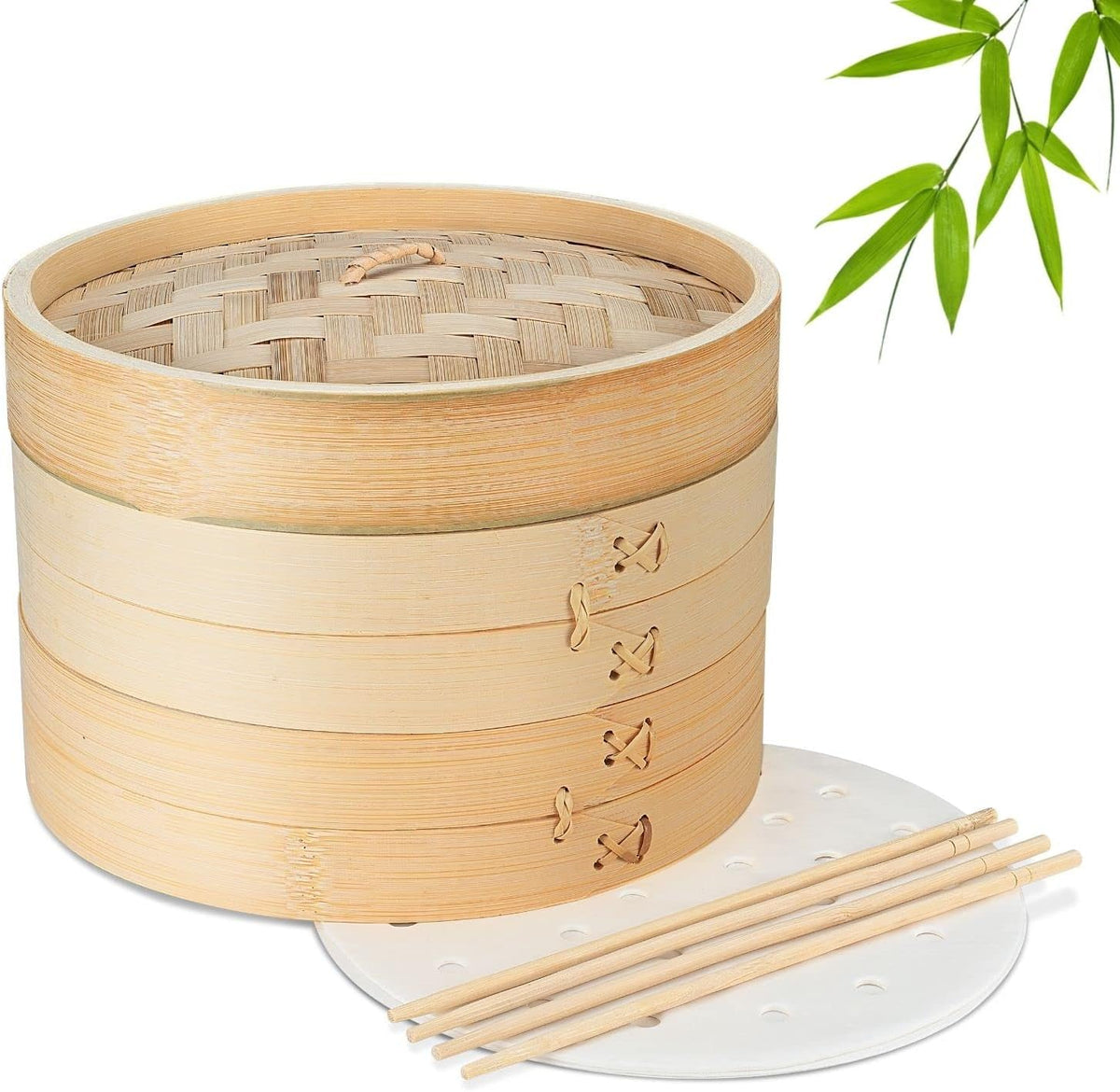 Flexzion Bamboo Steamer Basket Set (8 inch), 50 x Steamer Liners and 2 Pairs of Chopsticks, Steam Baskets for DimSum Dumplings, Rice, Vegetables, Fish and Meat