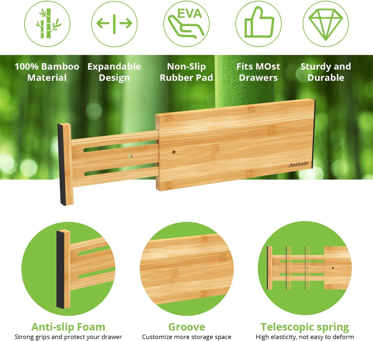 ANTOWIN 4 Pack Expandable Drawer Dividers, 4.7'' High, Extend from 12.2'' to 17.7'', Dresser Drawer Organizers, Bamboo Separators for Kitchen, Bedroom, Office, Bathroom (Natural)
