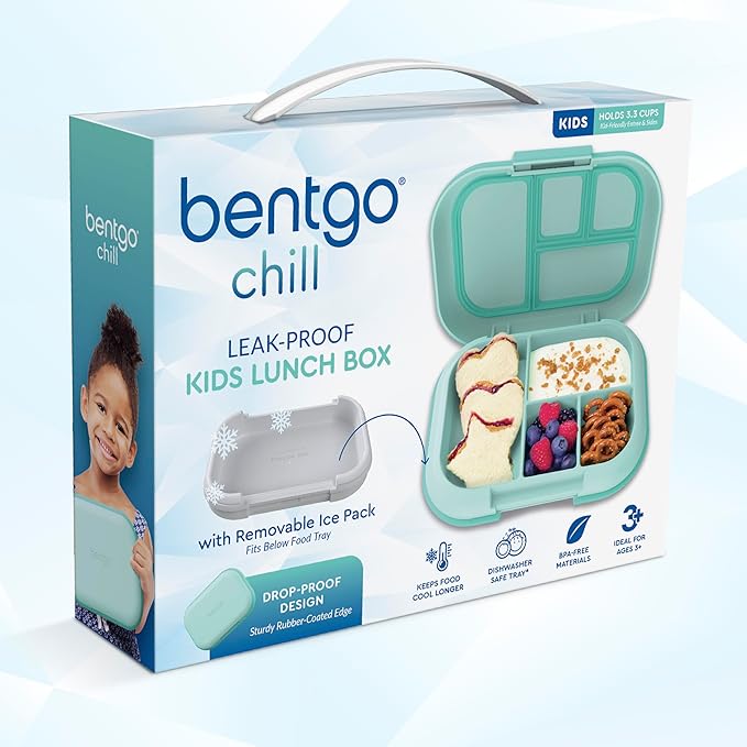 Bentgo Chill Kids Leak-Proof Lunch Box - 4-Compartment Bento Box with Built-In Ice Pack, 3.3 Cup Capacity, PFAS & BPA-Free, Microwave & Dishwasher Safe, Ideal Size for Ages 3 to 7 (Aqua)
