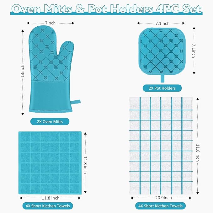Oven Mitts Kitchen Towels Dishcloths with Pot Holders Sets 12PCS, Dish Towels Sets, Oven Gloves Pot Pads Heat Resistant 500 Degrees with Non-Slip Silicone Surface for Cooking Baking Grilling (Blue)