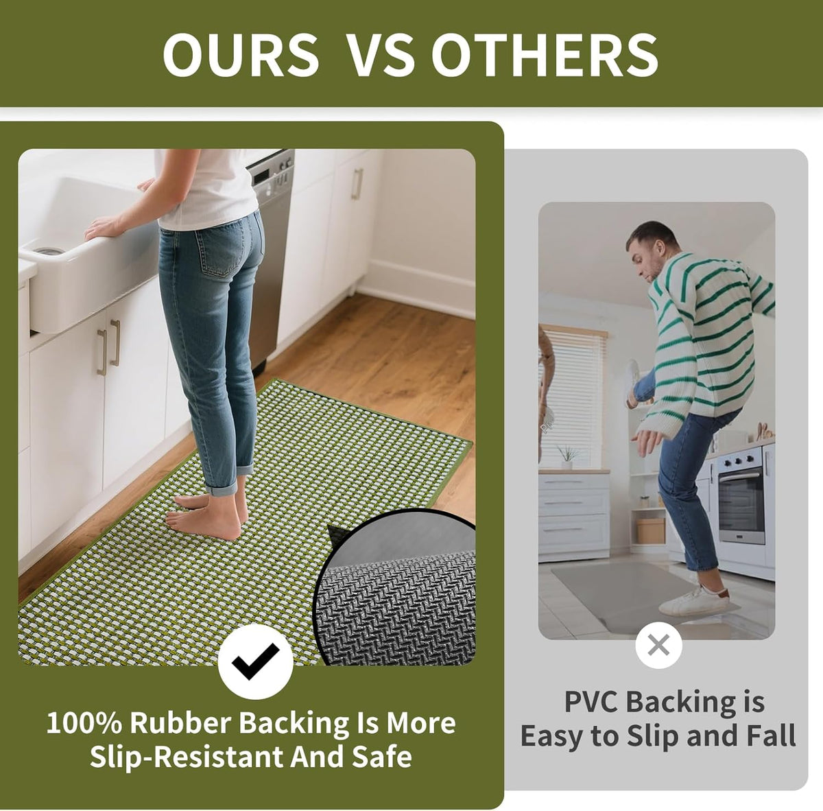Kitchen Rugs Non Slip Washable, Rubber Backing Soft Chenille Braided Kitchen Mats for Floor, Super Absorbent Kitchen Runner Rug Standing Mat Sink Mat, Easy to Clean, Green 17"x47"