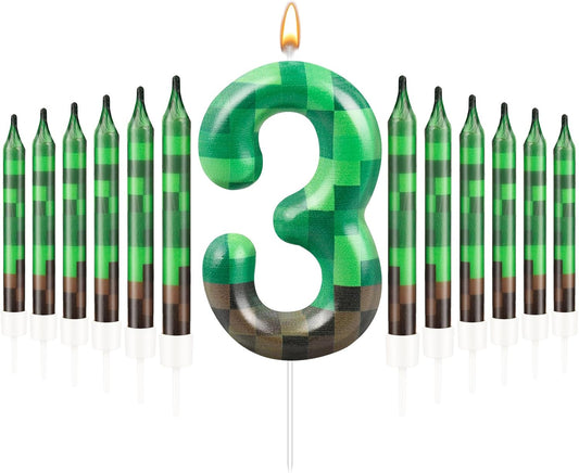 13 Pcs Dynamite Themed Birthday Candles & Number 3 Candle Topper for Pixel Theme Parties