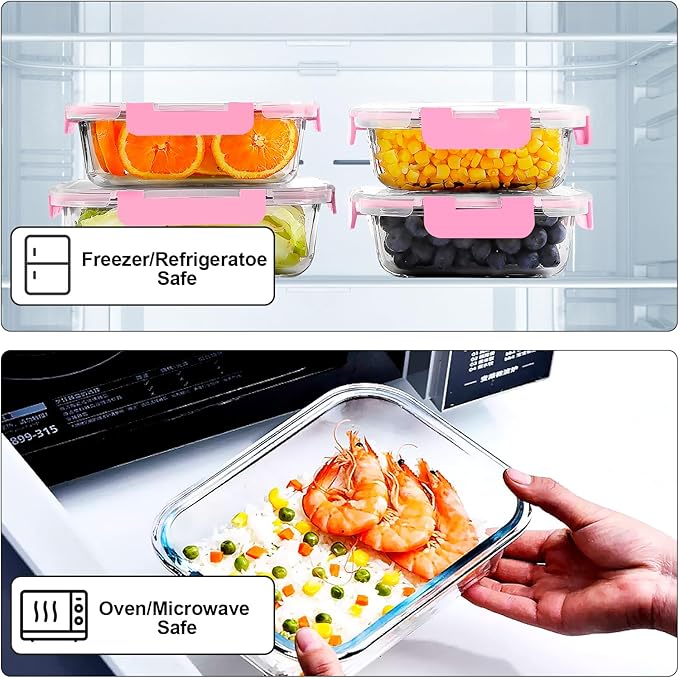 VERONES 10Pack Glass Meal Prep Containers, Airtight Glass Lunch Containers,Stackable Food Storage Containers Set with Lids,Exclusive of BPA, for Microwave,Oven, Freezer&Dishwasher Friendly,Pink