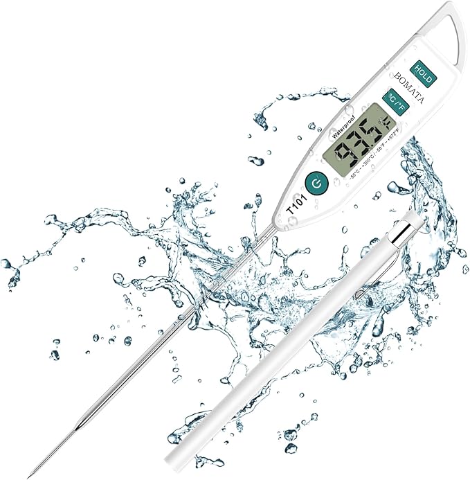 BOMATA Waterproof IPX7 Thermometer for Water, Liquid, Candle and Cooking. Instant Read Food Thermometer with Long Probe for Cooking, Meat, BBQ! T101 White