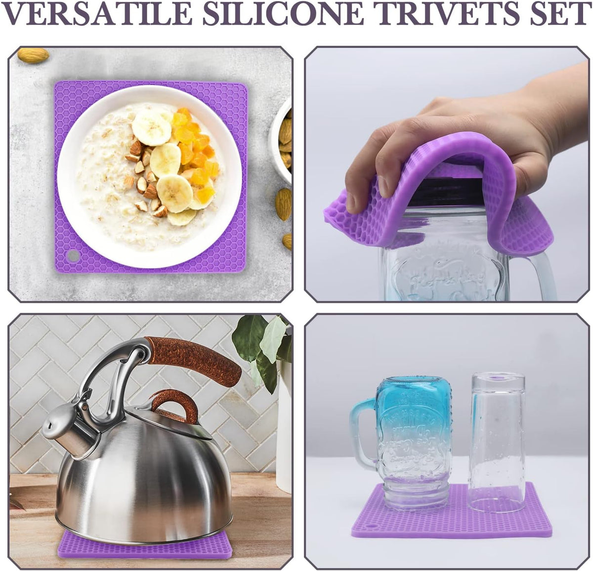 Silicone Silicone Trivet for Hot Dishes, 4 Pack Purple Heat Resistant Silicone Hot Pads Pot Holders for Kitchen Counter Non-Slip Trivets for Hot Pots and Pans, Small Dish Drying Mat & Spoon Rest