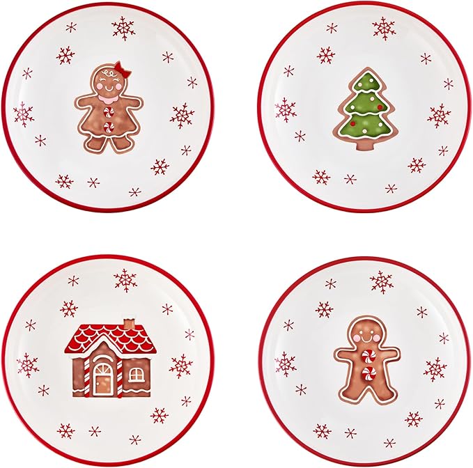 Bico Traditional Gingerbread Man Pasta Bowls, 35oz Salad Bowl Set of 4, Large Ceramic Serving Dinner Bowls for Soup and Cereal, Microwave and Dishwasher Safe, Gift for Housewarming and Holiday