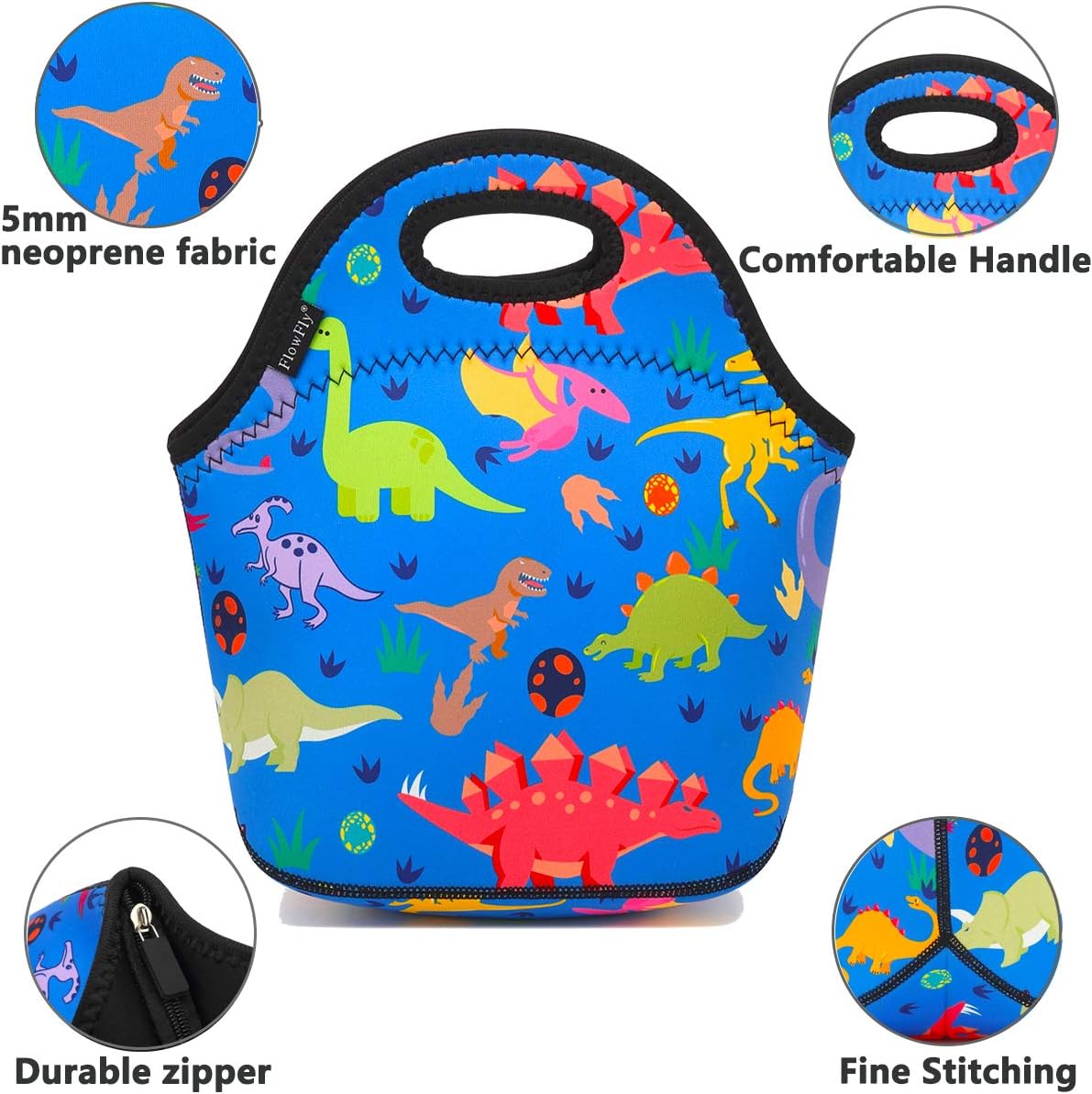 FlowFly Neoprene Kids Lunch box Insulated Soft Bag Mini Cooler Thermal Meal Tote Kit for Boys, Girls,Men,Women,School,Work, Office, Dinosaur