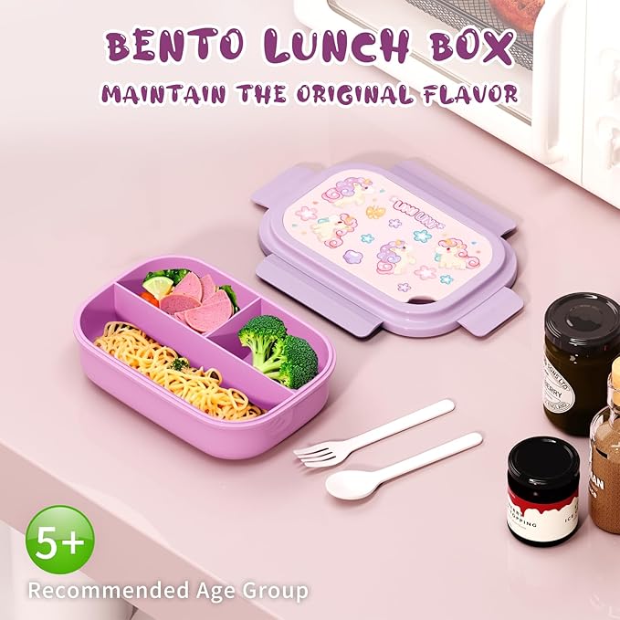 Bento Lunch Box with Kids & Children, Stackable Lunchbox Container with 3-Compartment, Durable for On-the-Go Meal, BPA-Free and Food-Safe Materials (Purple)