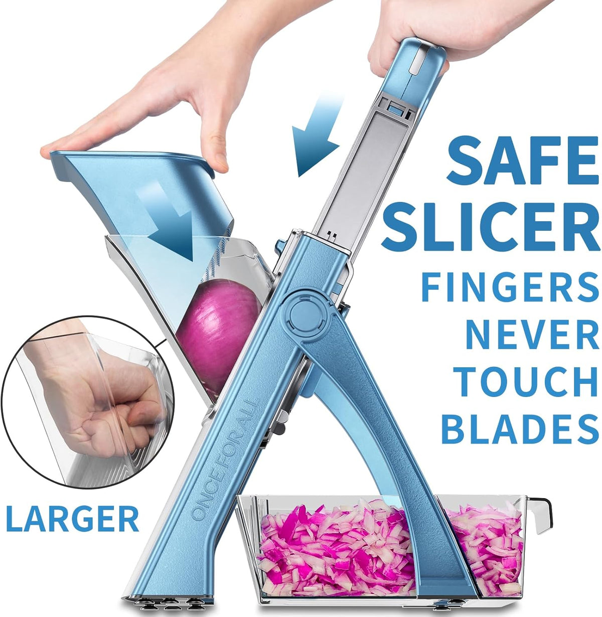 ONCE FOR ALL Upgrade Safe Mandoline Slicer Plus, Biger Size, Adjustable Vegetable Food Chopper Potato Fries Cutter, Detachable Blade, Kitchen Chopping Artifact, Gift (SkyBlue)
