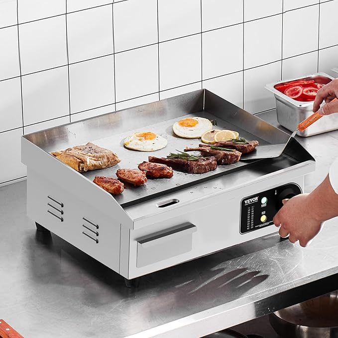 VEVOR Commercial Electric Griddle, 1700W Countertop Flat Top Grill, 18in Stainless Steel Griddle Grill with 2 Shovels and 2 Brushes for Home or Restaurant, 122℉-572 ℉ Adjustable Temp