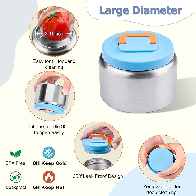 MAISON HUIS Bento Box for Kids with 8oz Soup Thermo, Leak-proof Lunch Food Containers with 5 Compartment, Insulated Lunch Bag & 17oz Stainless Steel Water Bottle for School, Trvael