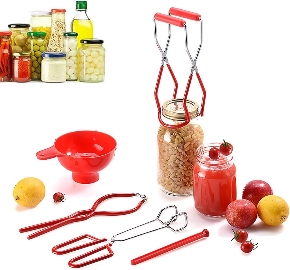 5PCS Canning Supplies Canning Kit, Canning Essentials Set Include Tongs, Wide Mouth Funnel, Jar Lifter, Jar Wrench, Magnetic Lid Lifter, Stainless Steel Anti-Scald Clip Suit (Red)