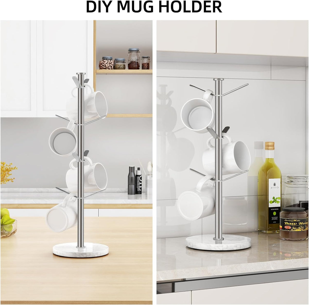 Marble Mug Holder Tree, 8 Hooks Brushed Nickel Coffee Cups Stand, New Upgraded Stable Mug Stand for Kitchen Counter Cabinet Cafe