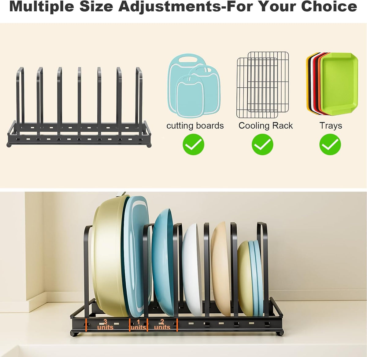 TEAMOLA Adjustable Bakeware Organizer Rack - 1pc Black Heavy-Duty Metal Cutting Board Rack for Cutting Boards & Cookware, Holds Utensils Up to 9.84" Wide (Space-Saving Holder Fits Narrow Countertops)