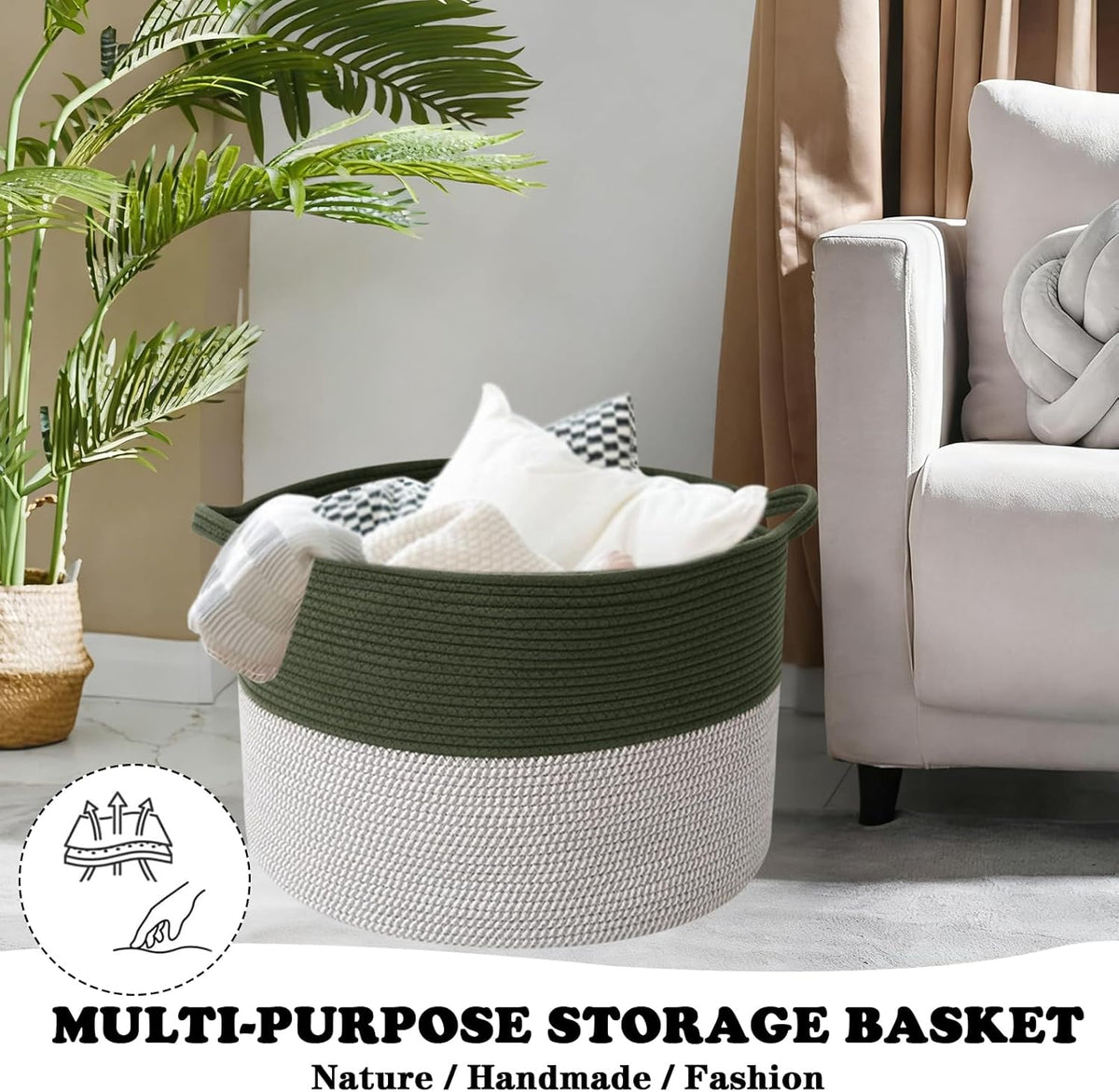 Large Blanket Basket for Organizing,115L Closet Organizers and Storage Bins Box for Shelves Woven Rope Storage Baskets,Living Room,Bedroom,Dorm,Laundry room (Green&White)