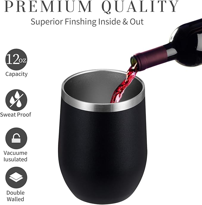MEWAY 12oz/4 Pack Wine Tumbler Glasses with Lid - Stemless Double Wall Vacuum Stainless Steel Travel Tumbler - Keeping Cold & Hot for Wine,Coffee,Cocktails,Drinks-Family and Gifts (Black,Set of 4)
