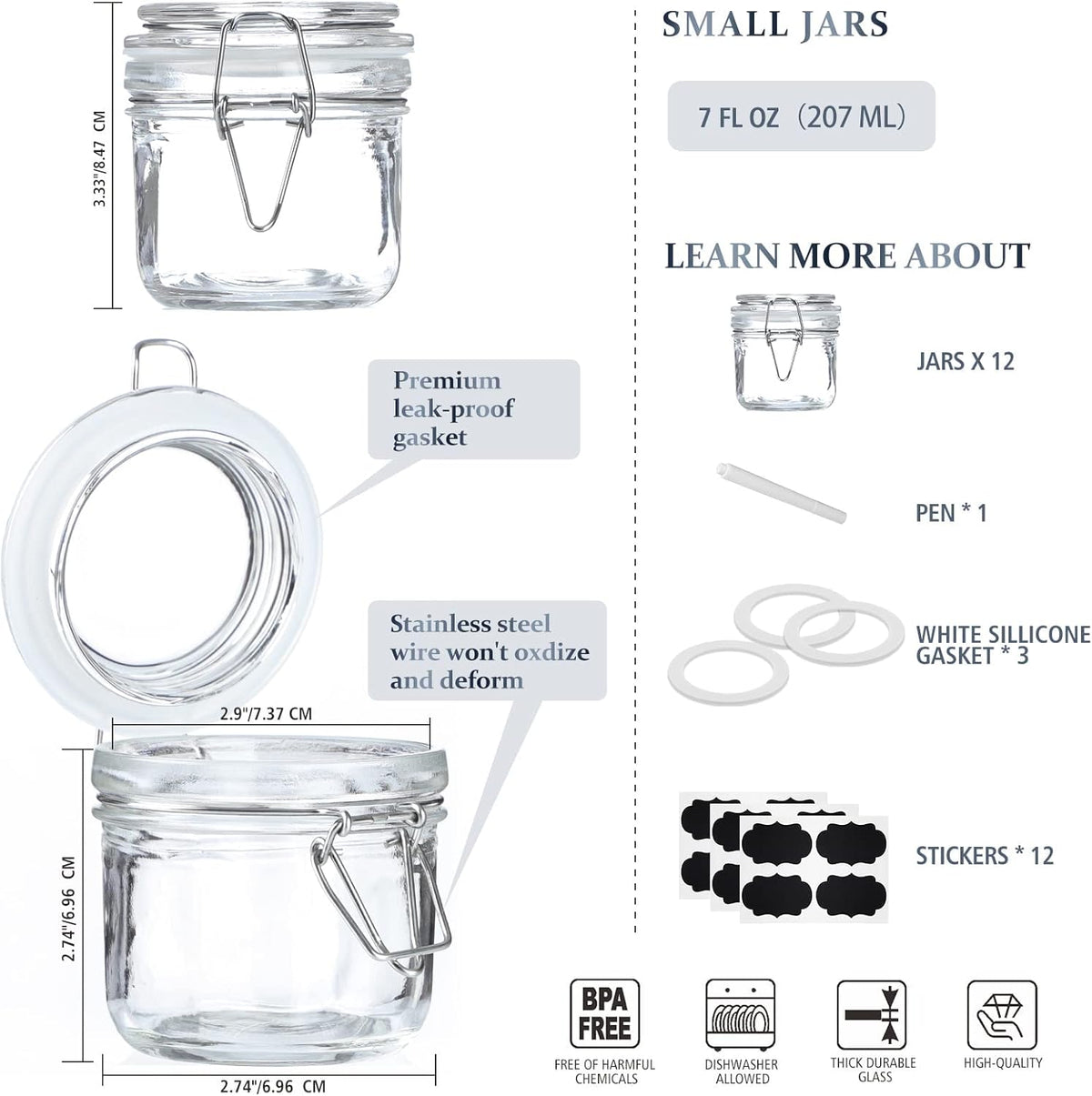 Folinstall 7 oz Glass Jars with Airtight Lids 12 Pcs, Small Mason Jars with Hinged Lids for Kitchen Storage, Canning and Pantry, Includes 3 Replacement Silicone Gaskets and Chalkboard Labels