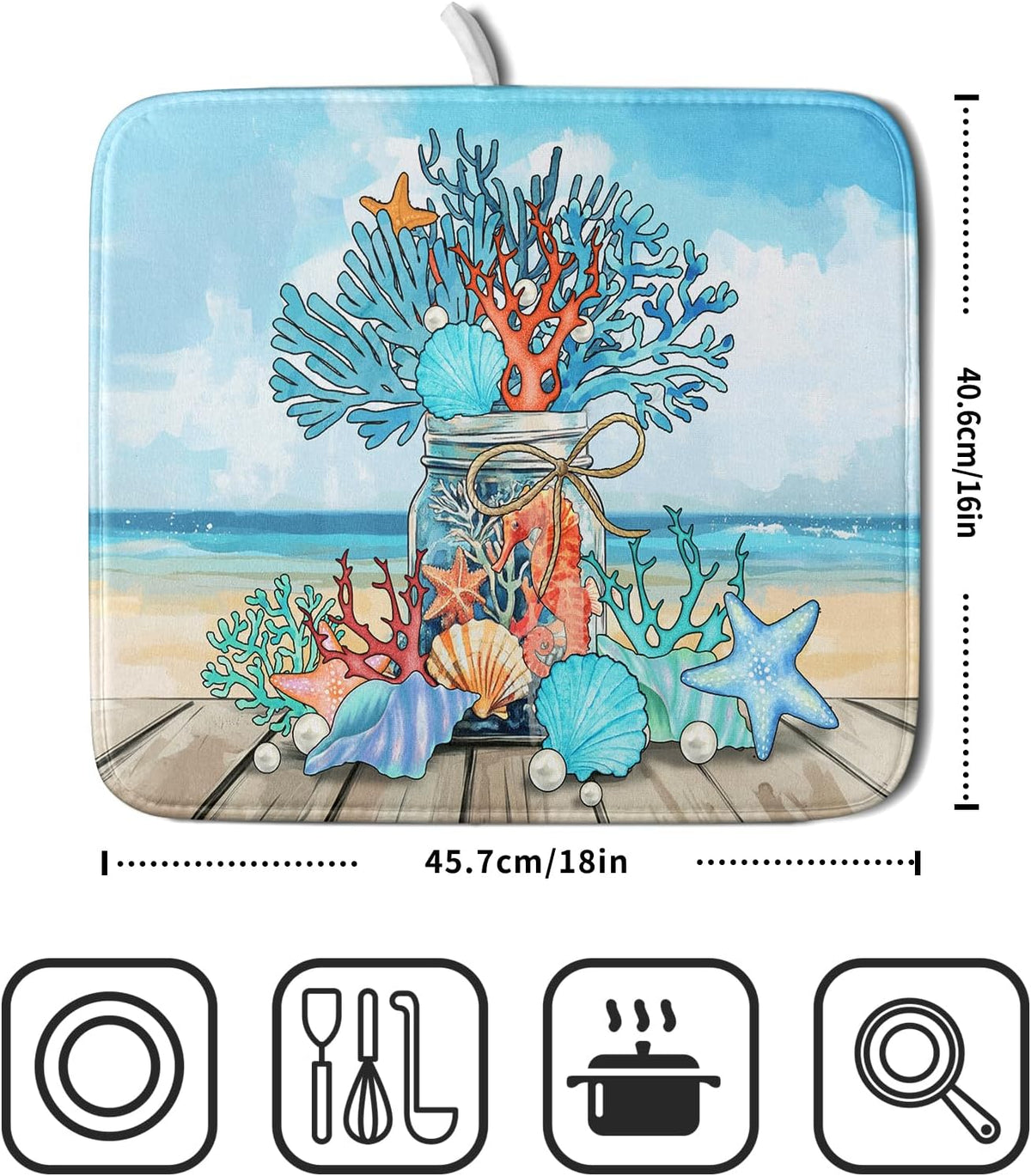 Coastal Coral Dish Drying Mat 16x18 inch Starfish Shell Fast Dry Microfiber Dish Rack Mats Drainer Pad for Countertop Kitchen Table Decor