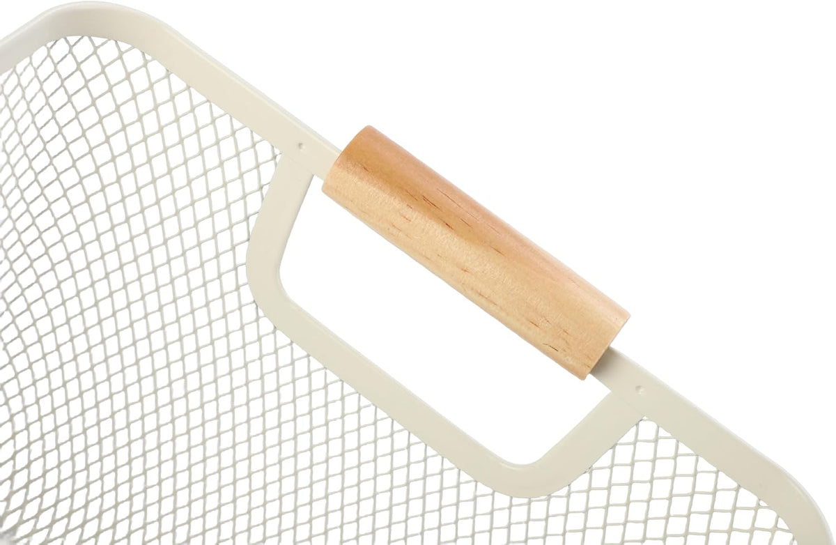 2Pack Metal Mesh Steel Basket, Small Wire Storage Organizer Basket Multi-function Hanging Kitchen Basket Fruit Basket with Wood Handle for Kitchen Picnic Cabinet Home Decor, Rectangle-Off White