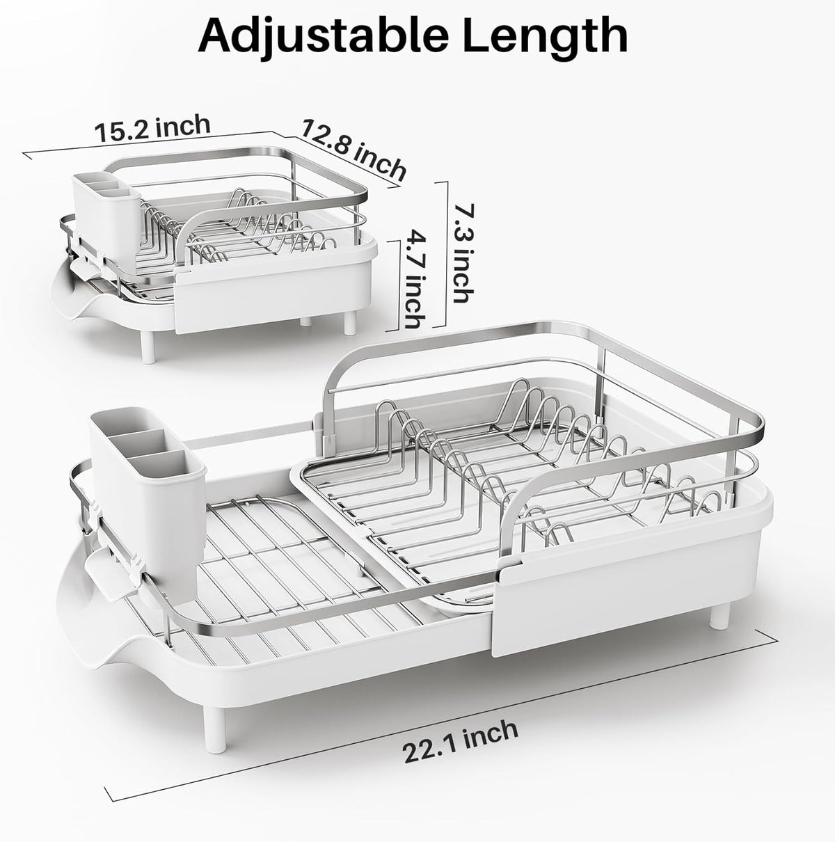 SNTD Dish Drying Rack, Expandable Dish Rack for Kitchen Counter, Stainless Steel Dish Drainer with Drainboard Set and Utensil Holder (White)