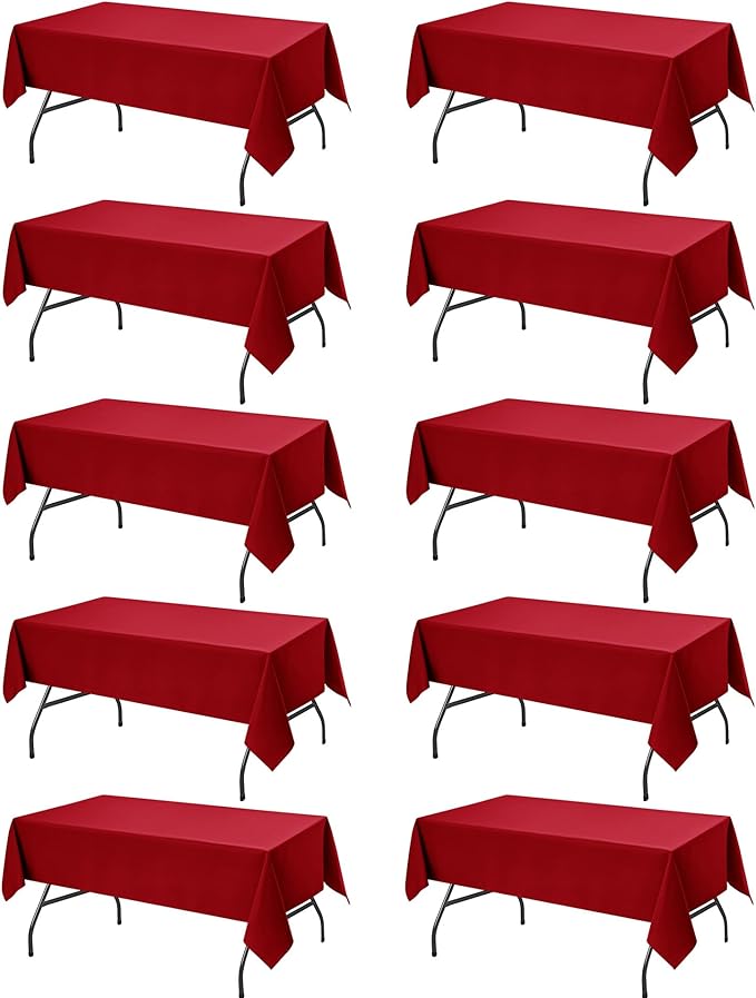 10-Pack Red Tablecloths for Rectangle Tables, 60 x 84 Inches, Stain-Resistant Polyester Fabric for 4 Foot Tables - Washable Table Covers for Weddings, Banquets, Birthday Parties, Events