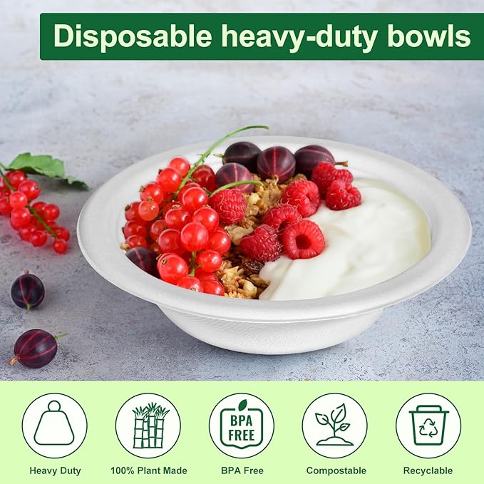 Paper Bowls 12oz, Disposable Bowls Heavy Duty, 1000-Pack 100% Compostable Disposable Soup Bowl, Biodegradable Bagasse Paper Bowls Bulk-White