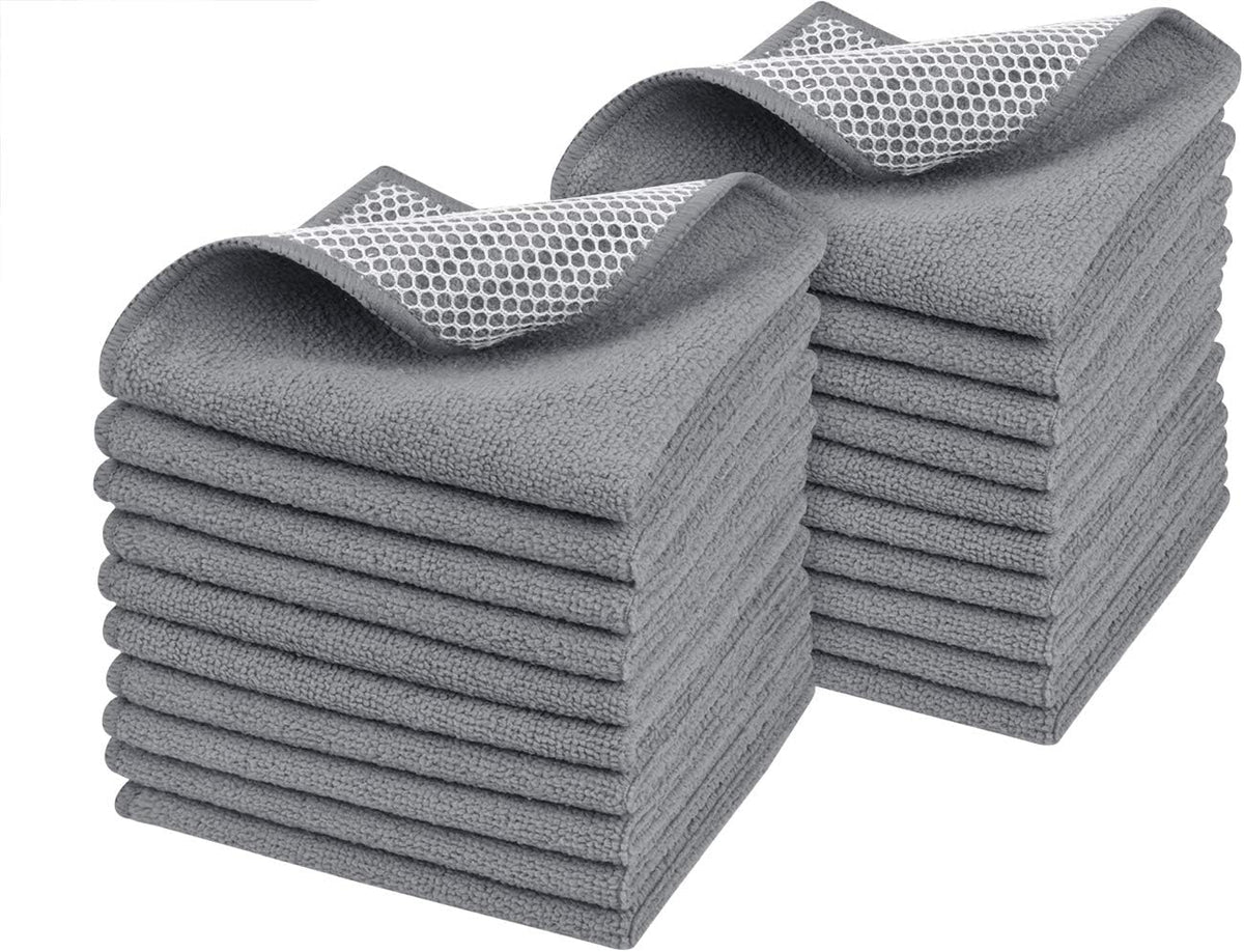 SINLAND Microfiber Dish Cloth Dish Rags for Washing Dishes Best Kitchen Cloths Cleaning Cloths with Poly Scour Side 12Inchx12Inch 20Pack Grey