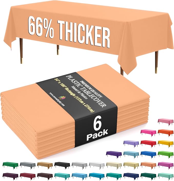 Exquisite 66% Thicker Premium Plastic Table Cloth Rectangle Table Cover 0.5 Mil 6 Pack Peach Table Cloth 54 Inch x 108 Inch Disposable Tablecloth Won't Tear Easily Like Cheap Thin Brands