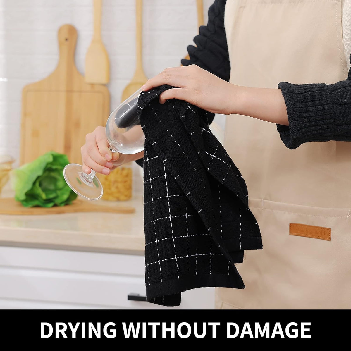 Homaxy 100% Cotton Terry Kitchen Towels(Black, 13 x 28 inches), Checkered Designed, Soft and Super Absorbent Dish Towels, 6 Pack