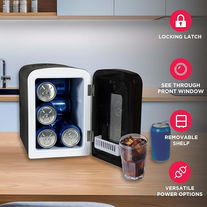 Frigidaire Portable 9-Can Mini Cooler Fridge, 5L, Brushed Stainless Rugged, Window, EFMIS189-SS, Clear Door, Glass