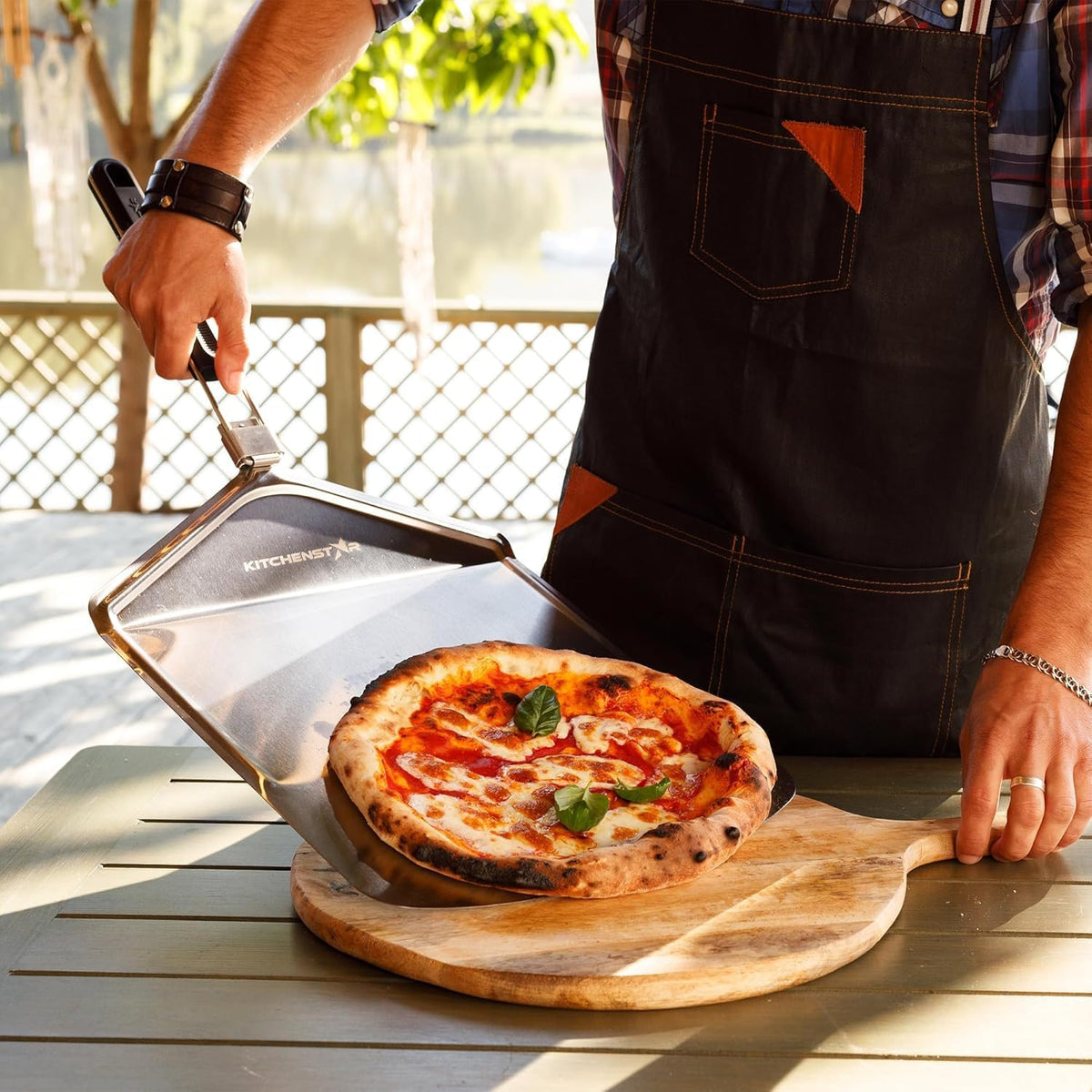 KitchenStar Stainless Steel Pizza Peel 14 inch with 10 inch Folding Handle, Large - Spatula Paddle for Effortless Pizza Transfer & Easy Storrage - Outdoor Pizza Oven Accessories