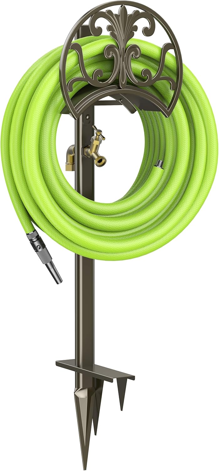 GOFORWILD Garden Hose Stand with Brass Faucet, Detachable Heavy Duty Water Hose Holder, Freestanding Metal Hose Reel Decorative Storage Hanger Holds 150-Feet Hose for Outside Patio Lawn Yard