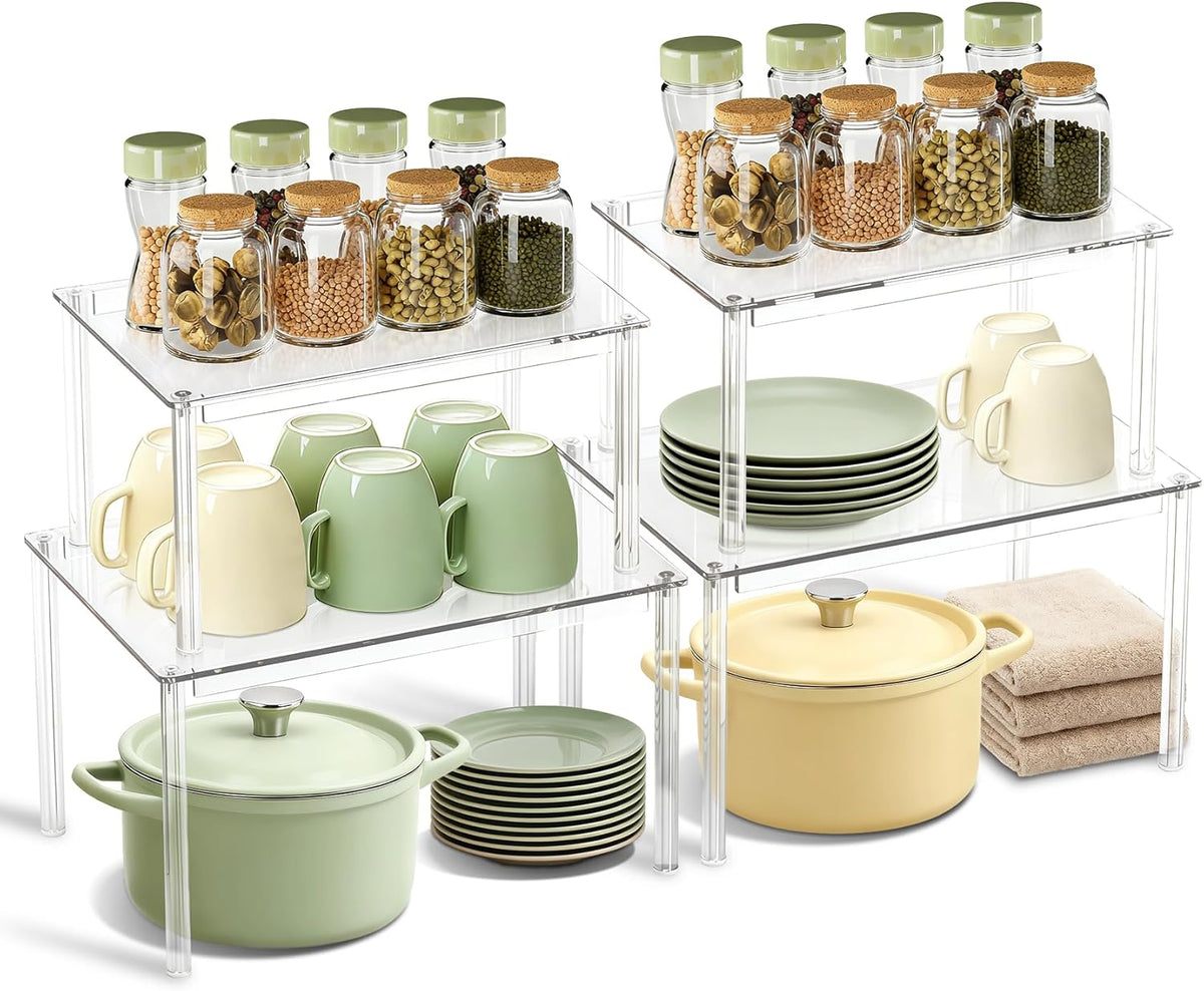 Clear Kitchen Cabinet Organizer, Set of 4 Stackable Spice Rack, Acrylic Shelves for Pantry Organizers and Storage, Tiered Spice Organization for Cabinet, Shelf Organizer for Desk Countertop