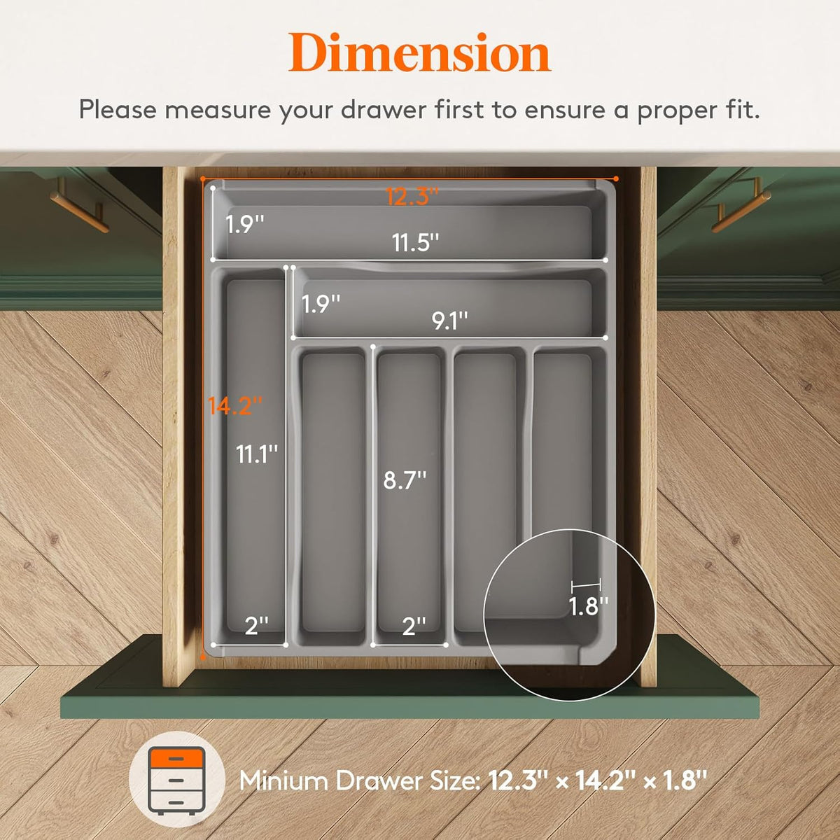 Lifewit Silverware Drawer Organizer Tray, Plastic Cutlery Storage for Kitchen Drawer, Flatware and Utensil Holder Divider for Spoons Forks Knives Tableware, 7 Compartment, Gray
