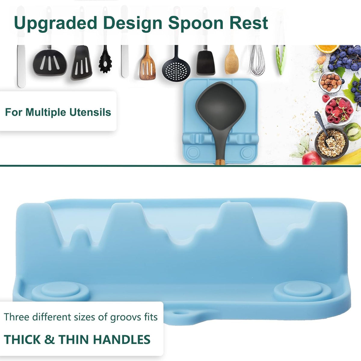 Spoon Rest, Silicone Spoon Holder for Stove Top with Drip Pad Suitable for Multiple Kitchen Gadgets, 3-Groove Upgraded Utensil Rest for Kitchen Counter, Heat-Resistant Dishwasher Safe, Lake Blue