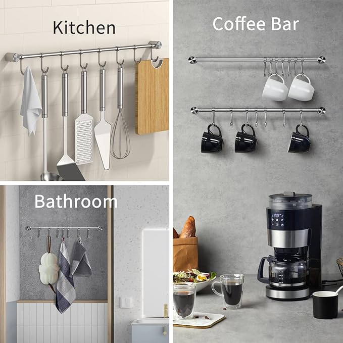 Kitchen Utensil Rack 2 Pack, 15.6 Inch Pots and Pans Hanging Rack Wall Mounted, 304 Stainless Steel Lid Cooking Utensil Hanger, 7 Sliding Hooks for Spatula Spoon, Measuring Cups, Coffee Mug