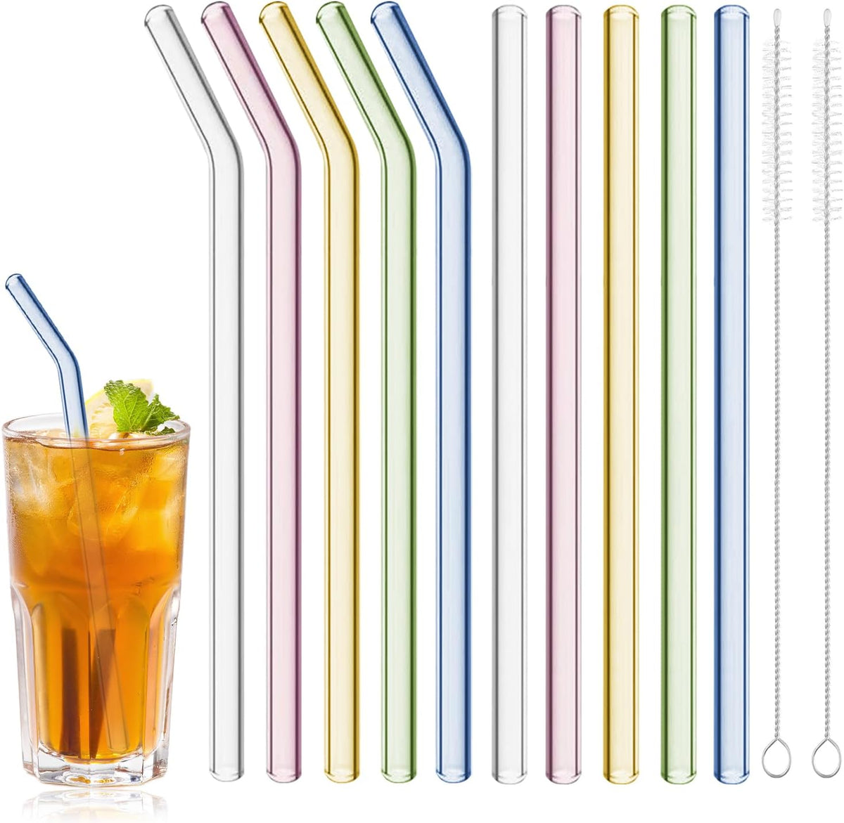 Reusable Glass Straws Shatter Resistant 8” x 8mm, 10 Pcs Colorful Glass Drinking Straws with 2Pcs Cleaning Brush, Including 5 Straight and 5 Bent Reusable Straws for Beverage, Milk, Juice, Coffee