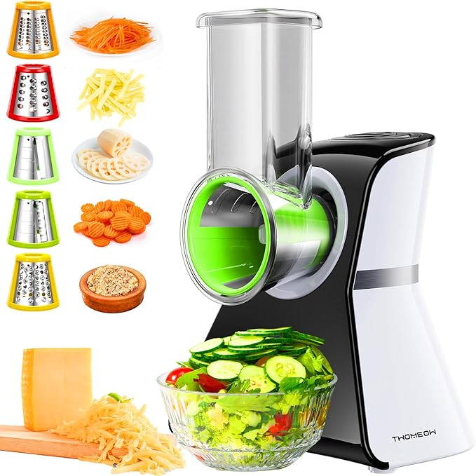 Electric Cheese Grater Salad Shooter,5-In-1 Electric Slicer For Home Kitchen,One-Touch Easy Control,With Safety Push Bar Cheese Grater Electric For Zucchini,Cheese,Vegetables And Smoothie