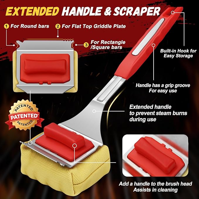Grill Brush Bristle Free with 2 Cleaning Brush Heads, Cleaning with Steam Technology, Replaceable Brush Heads & Scraper Tool for Stainless-Steel Grates Grill Brush with Stainless Steel Spatula