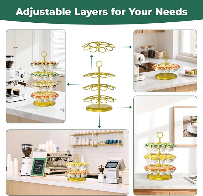 EsLuker.ly K Cup Holder Coffee Pod Organizer Carousel for Counter, Metal Storage Rack Stand for Kitchen, Rotatable 4 Tier Pod Tower Tree for 40 K Cups, Space Saving Meets Elegance, Gold