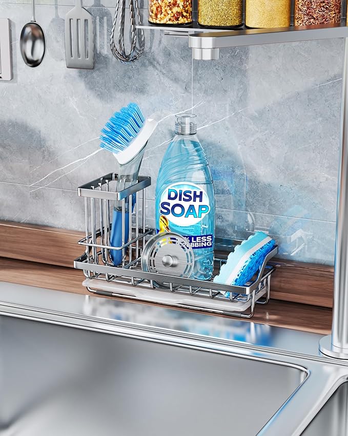 Consumest Sink Caddy, Kitchen Sponge Holder with Dish Brush Holder, Kitchen Organizer with Drip Tray for Countertop, Stainless Steel Rustproof - Silver