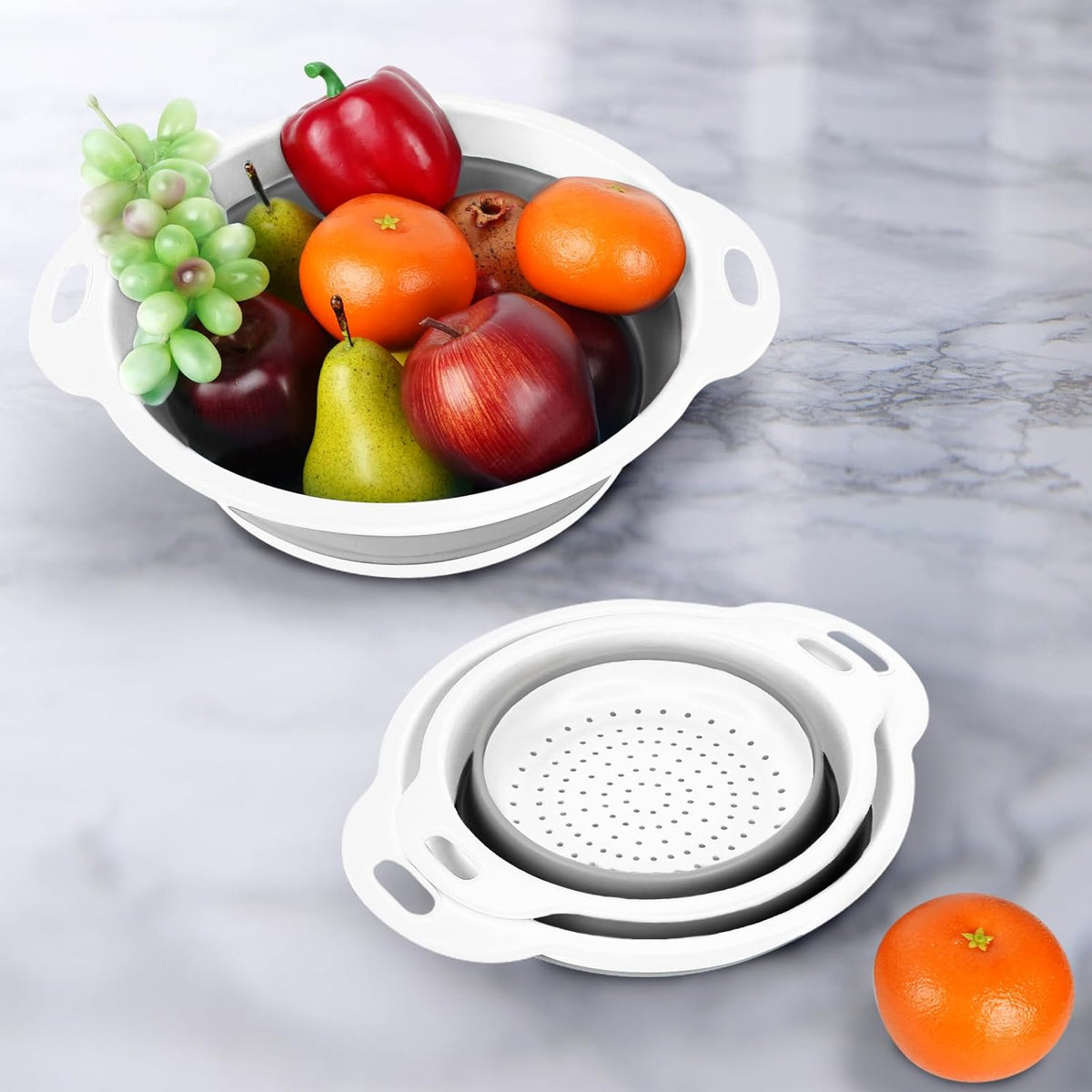 Collapsible Colander 3-Pack Set Space-Saving Foldable Kitchen Strainer with Non-Slip Base Durable Thickened PP+TPE Collapsible Strainers for Pasta, Vegetables, Fruits (Gray-White)